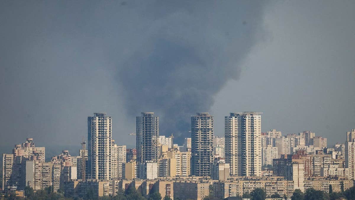 Smoke rises in Kyiv during a Russian drone strike