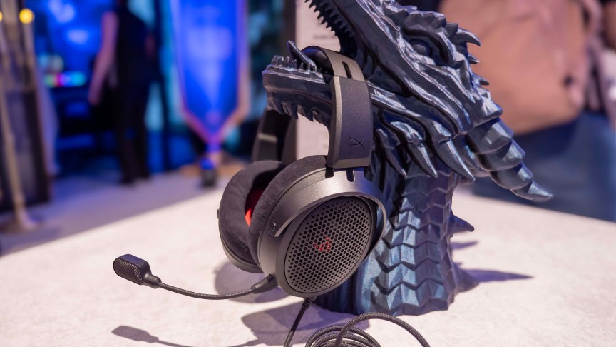 HyperX Cloud Air Alpha open-back headphones set up inside of a 3D-printed dragon mouth.
