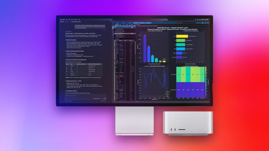 Mac Studio next to Apple Studio Display with LM Studio on the screen on a multicolor background