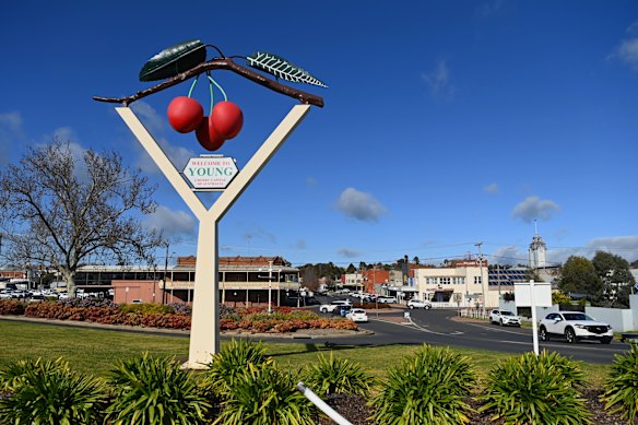 A statue featuring cherries welcomes people to Young.