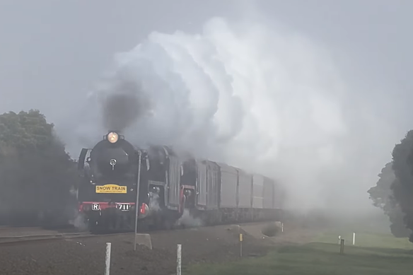 The so-called ‘Snow train’ on its way through Traralgon bound for Melbourne this morning.