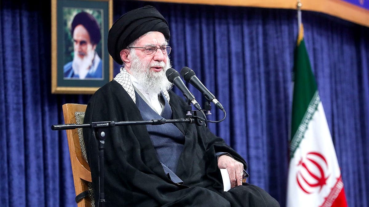 Iran’s Supreme Leader Ali Khamenei speaks while delivering remarks at an official event.