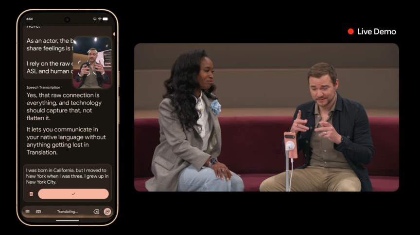 A woman listens while a man uses sign language to communicate to a phone that is translating it into text on a phone screen displayed at left.