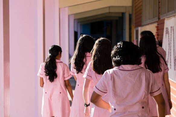 Cheltenham Girls’ High students in their distinctive pink uniforms. 