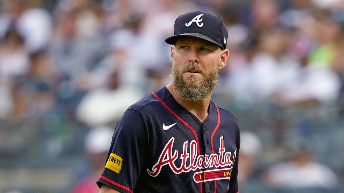 Chris Sale of the Atlanta Braves looks on during a game at Yankee Stadium.