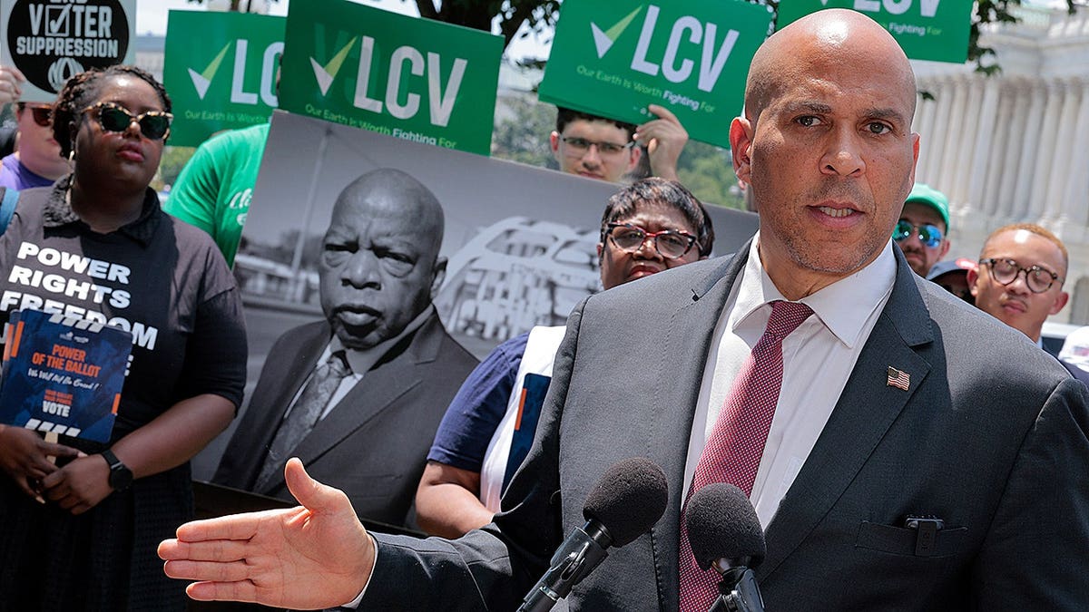 Sen. Cory Booker speaking at a rally outside the U.S. Capitol in Washington, D.C.