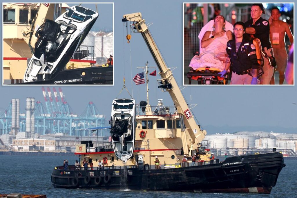 Grim photos show doomed boat pulled from New York Harbor hours after deadly crash killed 2, including tot