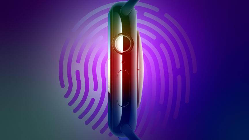 A profile view of an Apple watch with a graphic of a fingerprint over it, symbolizing the potential for touch id.