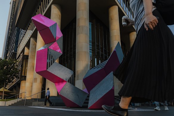 “Where Eels Lie Down”, a sculpture by Kamilaroi artist, Reko Rennie, depicting two eels rising from the ground. 