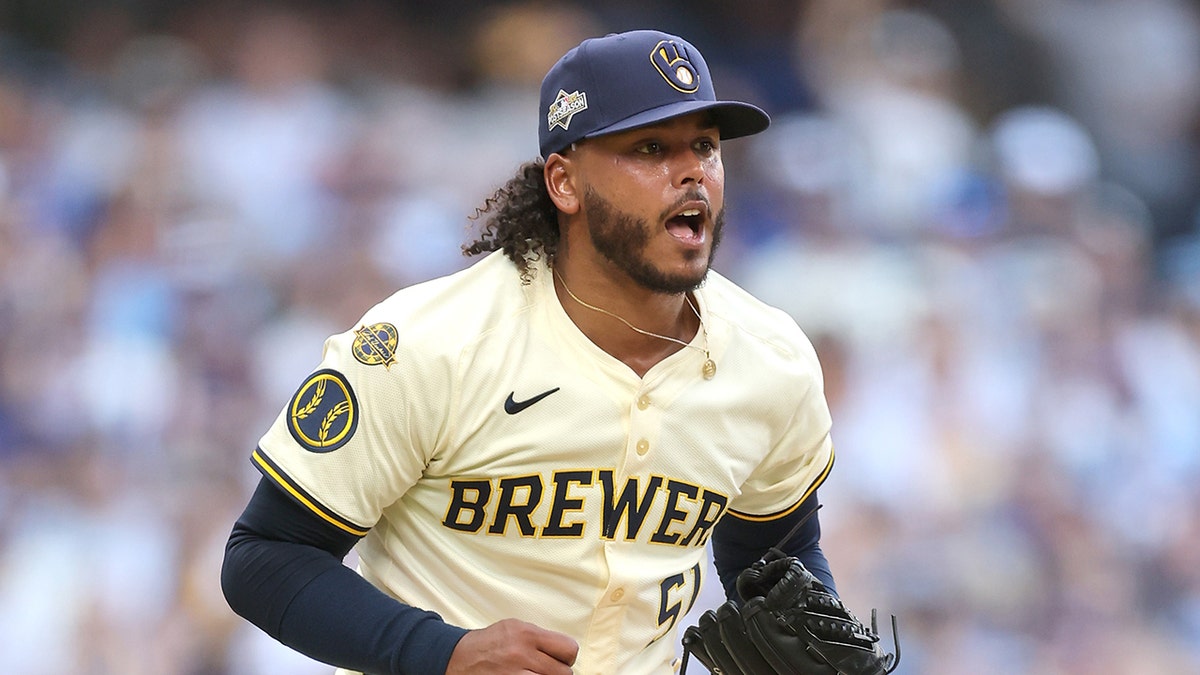 Freddy Peralta reacts on field