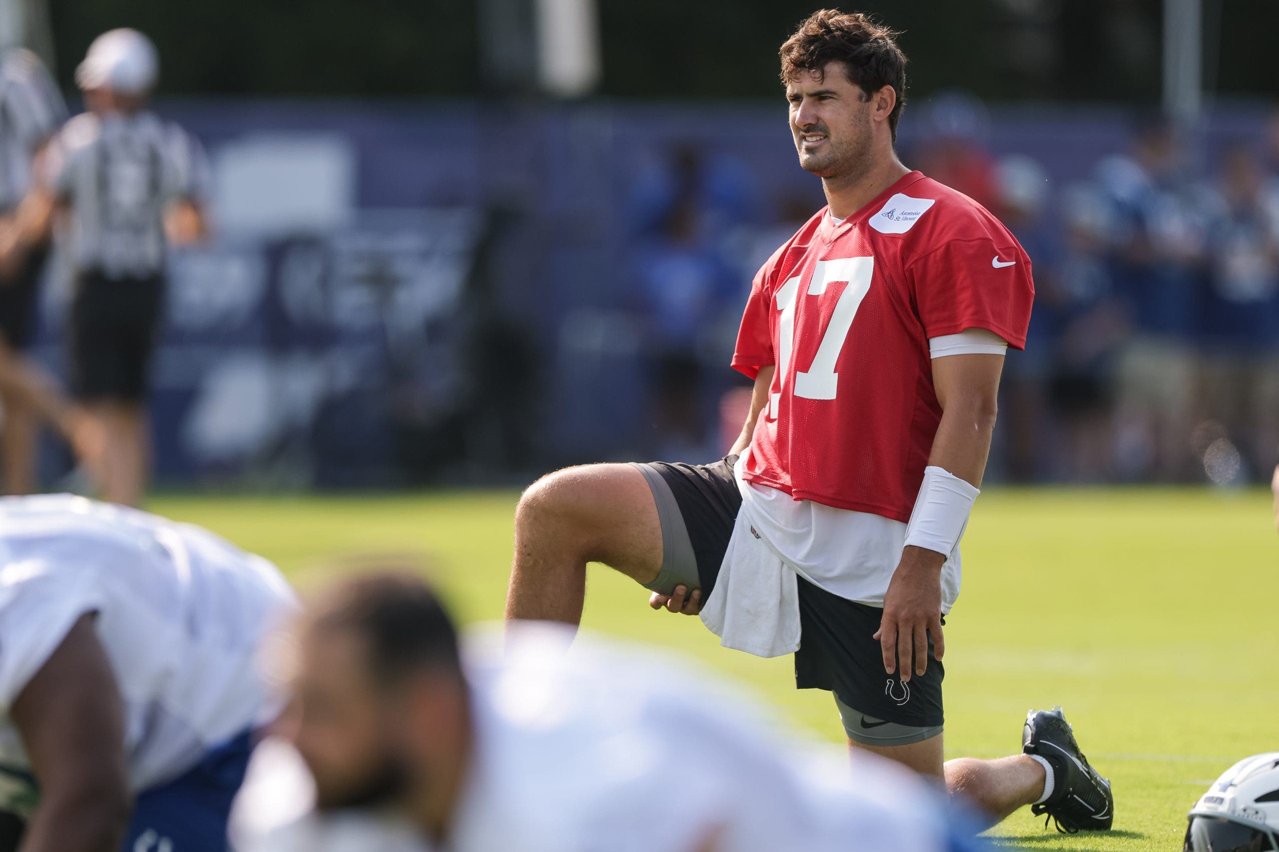 Daniel Jones is practicing in full just less than a year after his Achilles tear. (Photo by Michael Hickey/Getty Images)