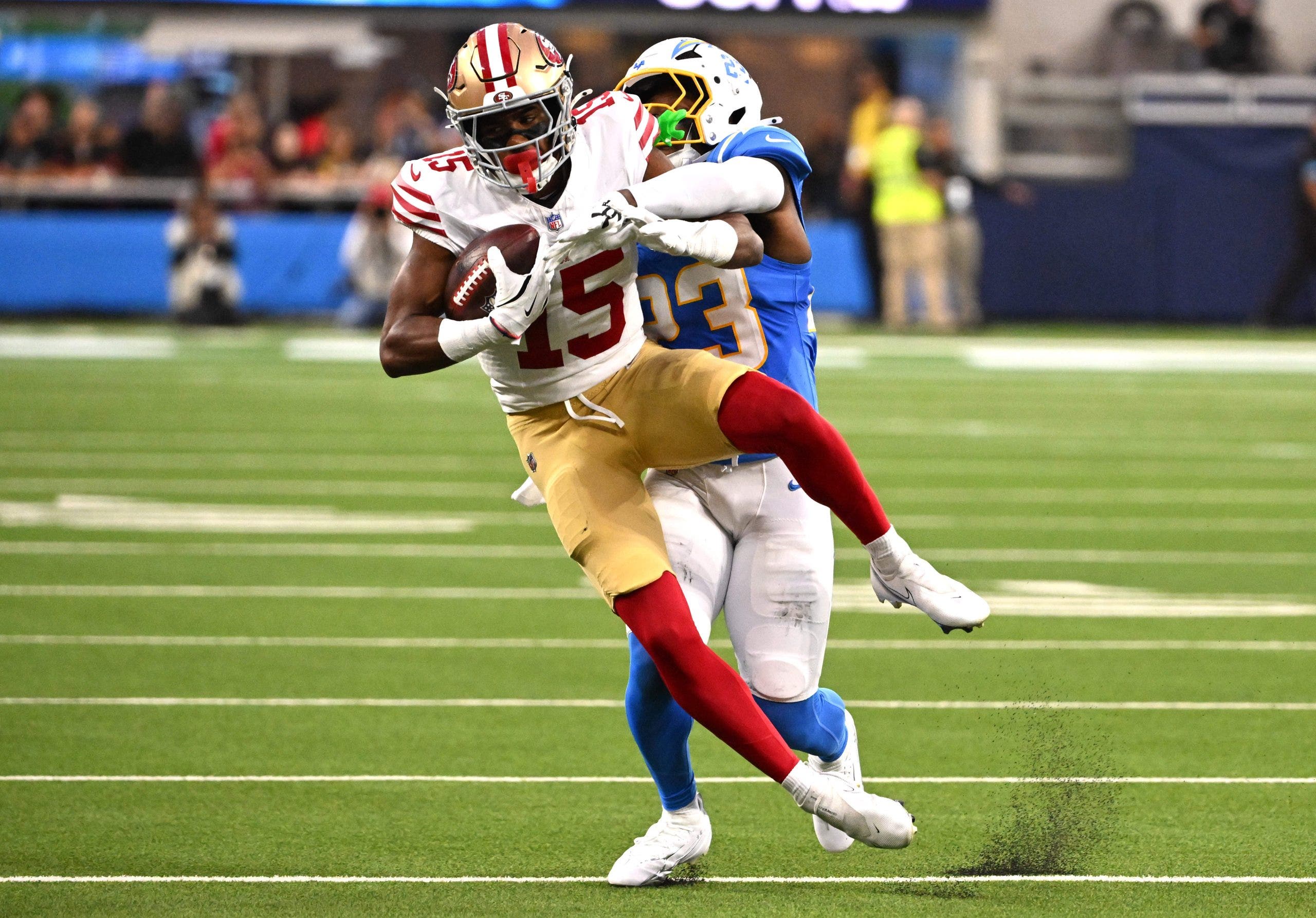 De'Zhaun Stribling had four receptions for 46 yards in the 49ers' preseason win over the Chargers. (Photo by Keith Birmingham/MediaNews Group/Pasadena Star-News via Getty Images)