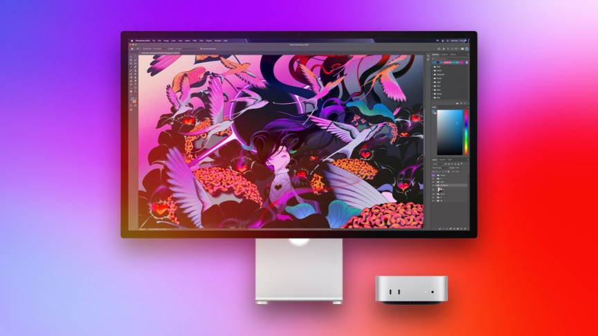 Apple Mac Mini next to an Apple Studio Display running photoshop on a multicolor background