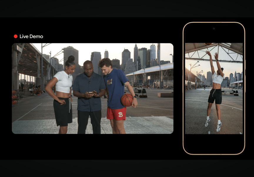 Three people look at a phone the middle person is holding. At right is a display of the phone's screen showing a woman taking a basketball shot.