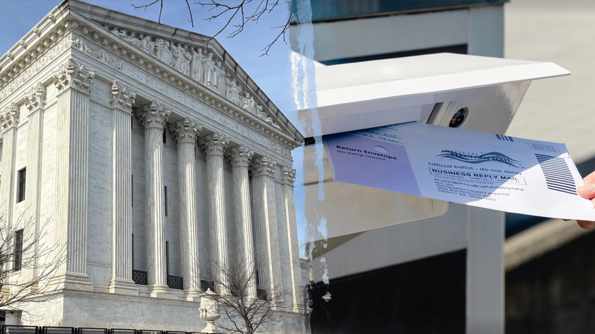 The Supreme Court building in split image with mail in vote ballot.