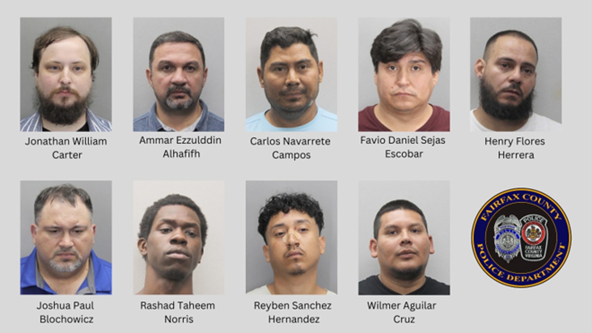 Mugshots of nine men.