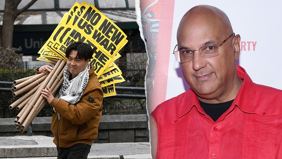 The People’s Forum organizer David Chung carries anti-war signs in New York City, left, and tech tycoon Neville Roy Singham, right.