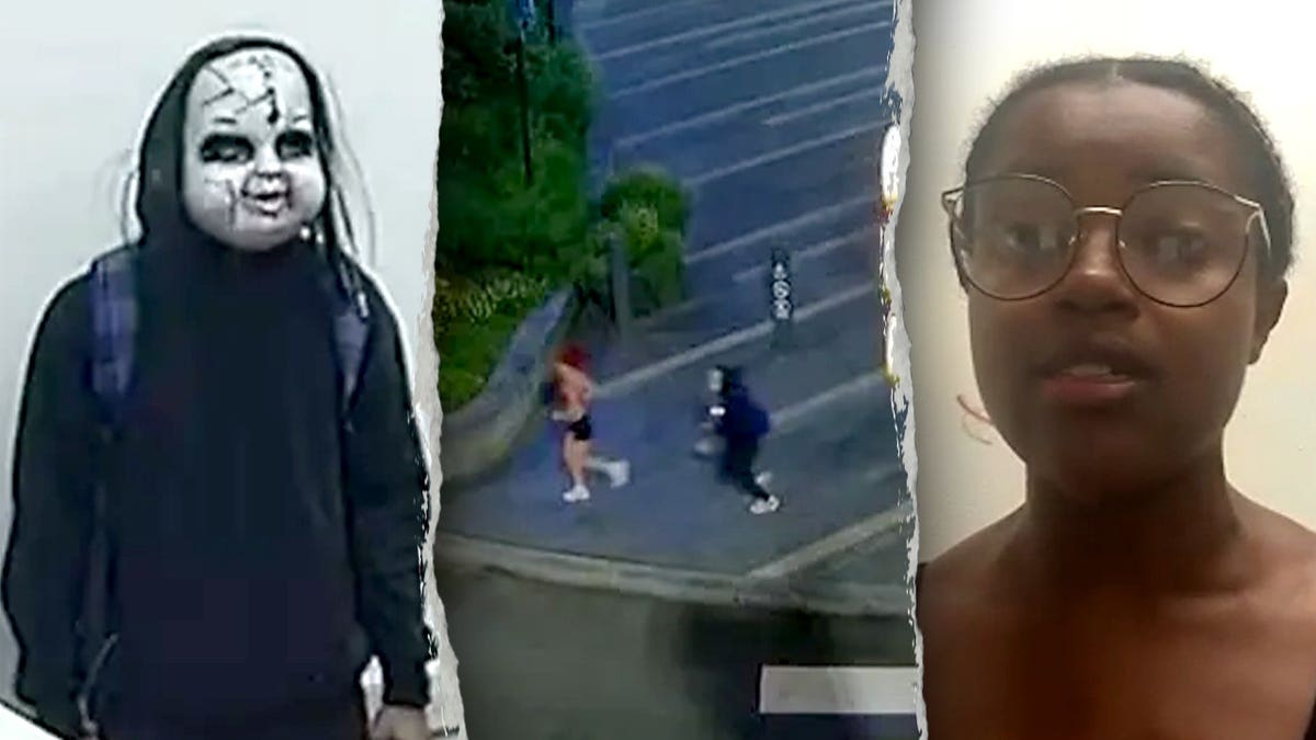 A masked man is pictured next to surveillance video and a woman who he chased.