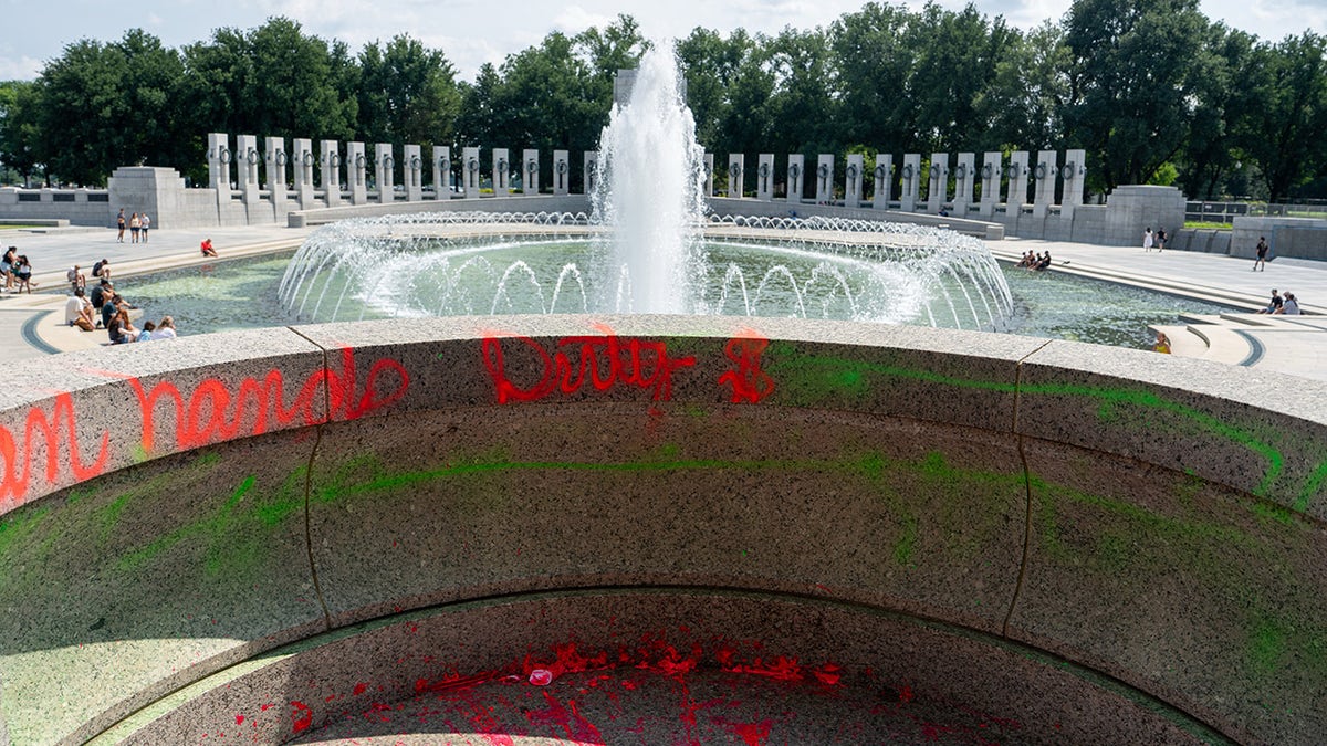 August 13, 2026, Washington, District of Columbia, United States: Vandals poured bubble soap and painted graffiti on the World War II Memorial in Washington, D.C. on Aug. 13, 2026.