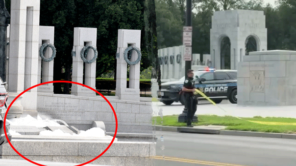 World War II Memorial on National Mall vandalized with pink spray paint; fountain overflowing with bubbles World War II Memorial on National Mall vandalized with pink spray paint; fountain overflowing with bubbles