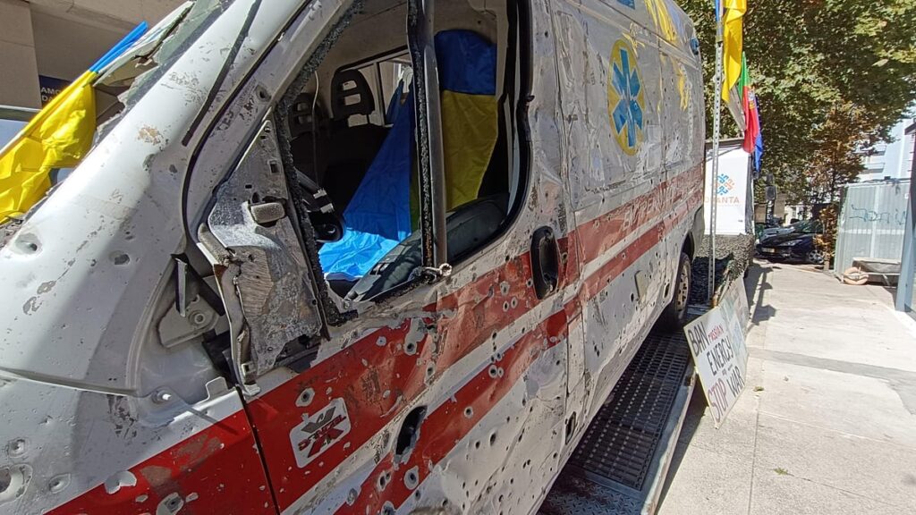Bullet-riddled Ukrainian ambulance displayed in Lisbon