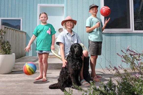 Francesca Steele and her elder chidlren, Banjo and Jeanie, with dog Snoop.