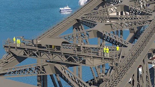A render of one of the arch maintenance units for the Sydney Harbour Bridge.