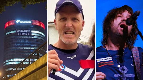 Federal Labor MP Josh Wilson, centre, pictured with a taped-over Woodside logo on his Dockers guernsey. Tame Impala frontman Kevin Parker (right) also taped over the logo at a concert in Denver last week. And the company’s headquarters in Perth has also been targeted by activists.