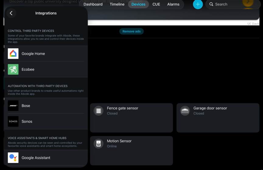 Abode's app showing third party integrations.