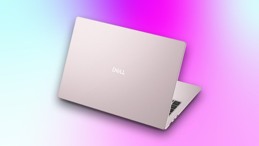 The back of the Dell 14S featured in dusty rose against a multicolored background.