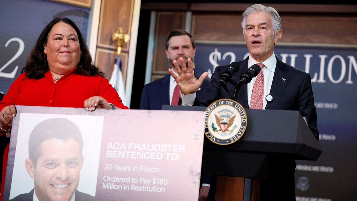 Administrator for the Centers for Medicare and Medicaid Services, Dr Mehmet Oz, speaks next to CMS Deputy Administrator and Chief Operating Officer Kimberly Brandt during a press conference on anti-fraud initiatives at the Eisenhower Executive Office Building on the White House campus in Washington, D.C., on Sept. 22, 2026.