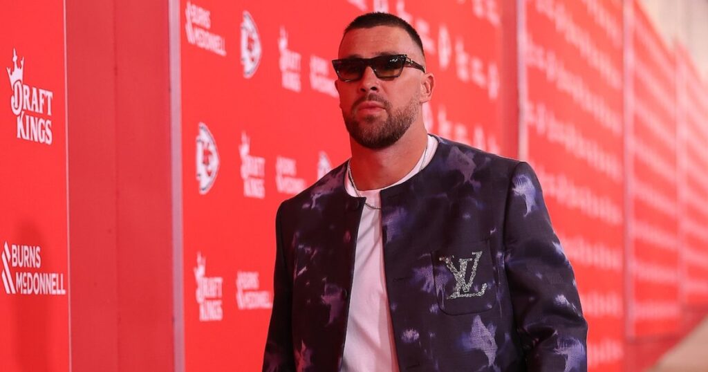 Travis Kelce Looks Sharp in a K Louis Vuitton Jacket at Kansas City Chiefs Game