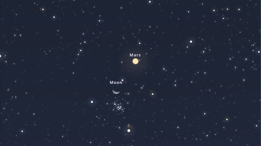A graphic showing the moon and Mars near each other. 