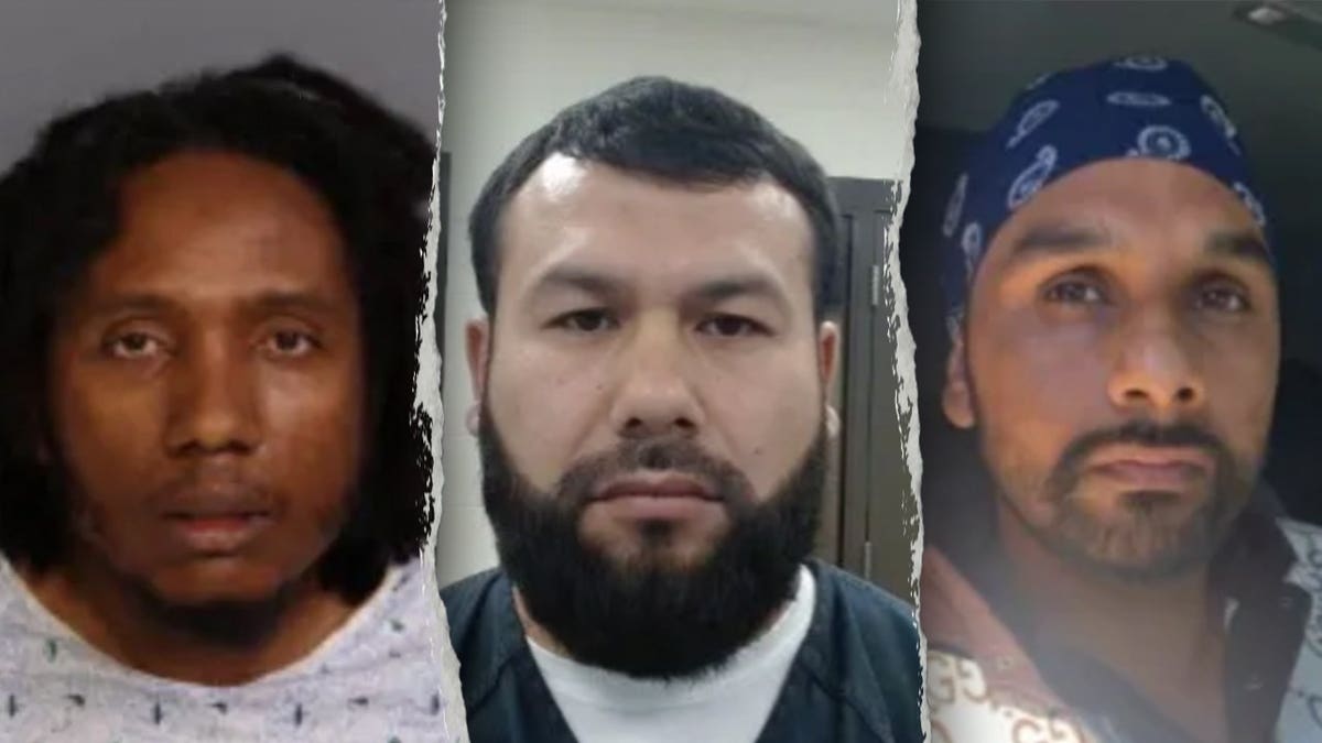 Booking photos of Michael Bon, Bekzhan Beishekeev, and Harjinder Singh.