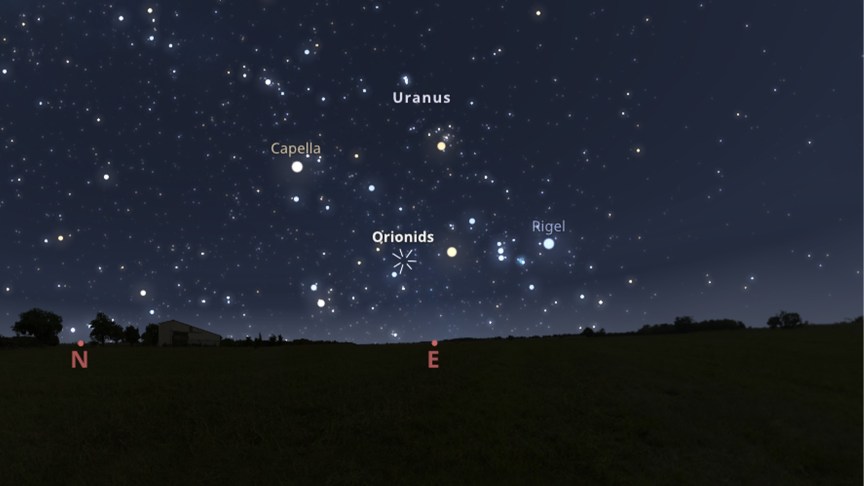 A graphic showing where the Orionids meteor shower is. 