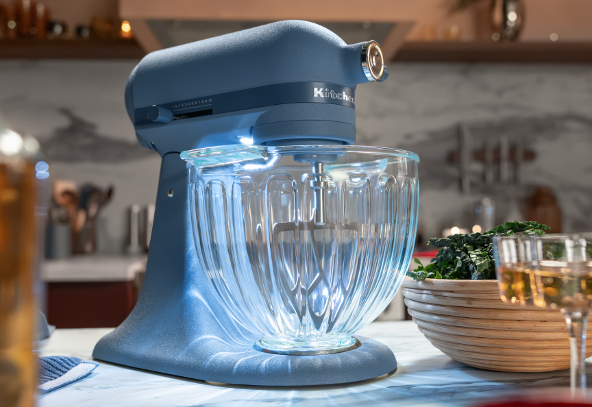 a blue KitchenAid stand mixer on a countertop