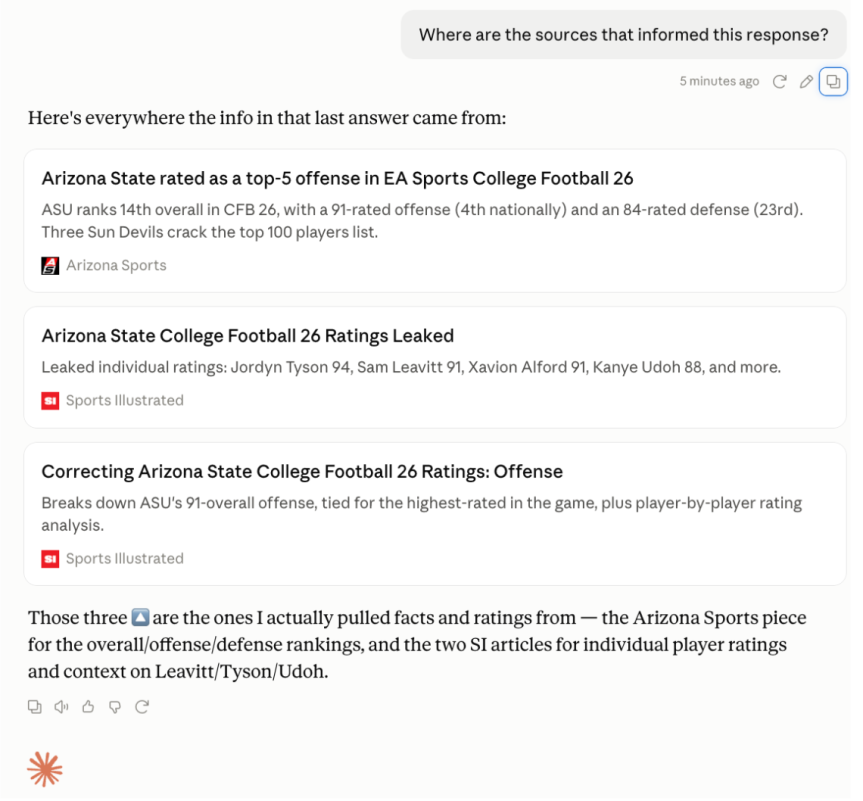 A screenshot of Claude responding to a prompt to provide citations for its previous response