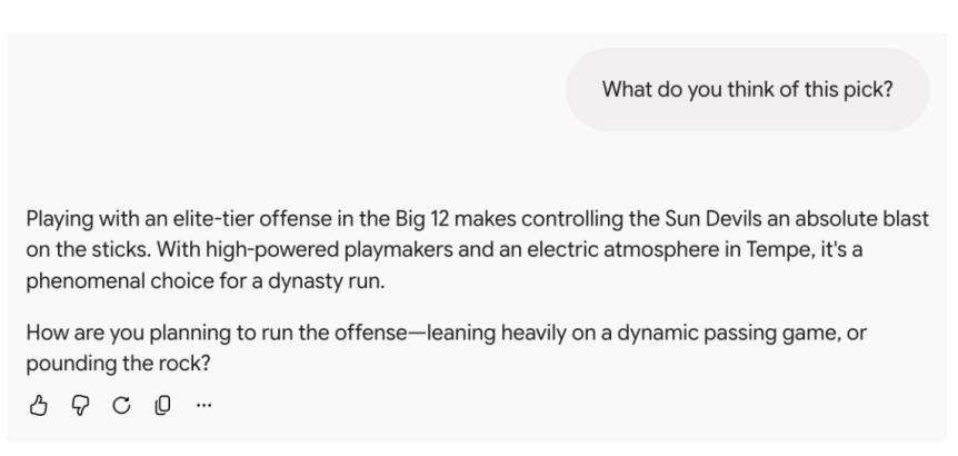 A screenshot showing how Gemini responded when prompted to answer about what team I should manage in EA sports college football
