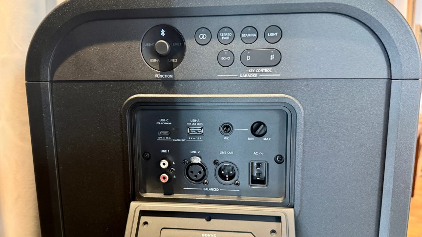 Close up of the Sony ULT Tower 7's connectivity options on back