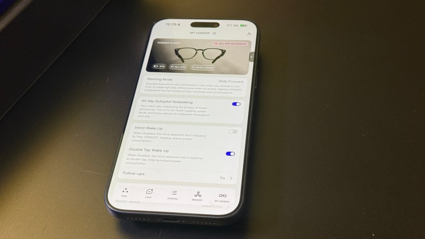 A phone showing a screen for the Vonder smart glasses app