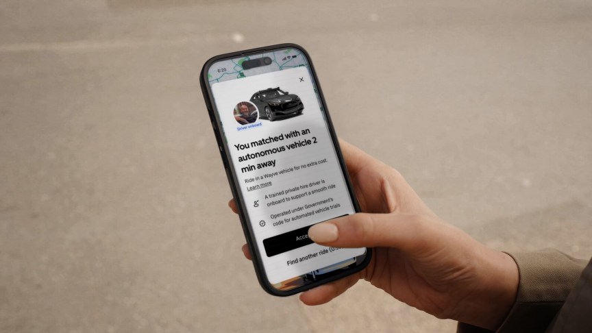 The Uber app showing a rider has been paired with an autonomous vehicle.