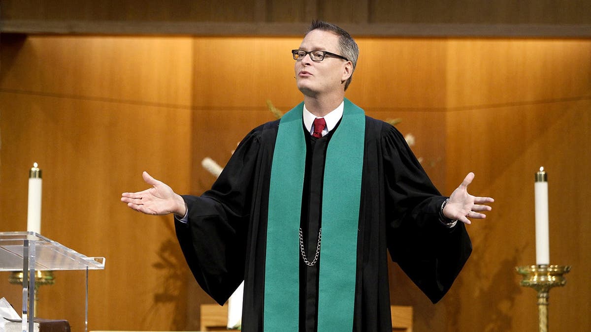 Adam Hamilton speaks inside Wesley Covenant Chapel.
