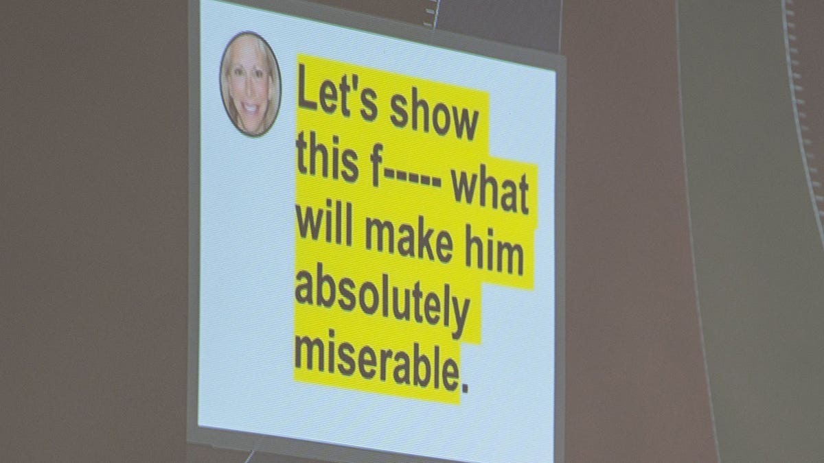 ASA Sarah Kathryn Dugan displays conversation snippets between Donna Adelson and Wendi Adelson on a screen.