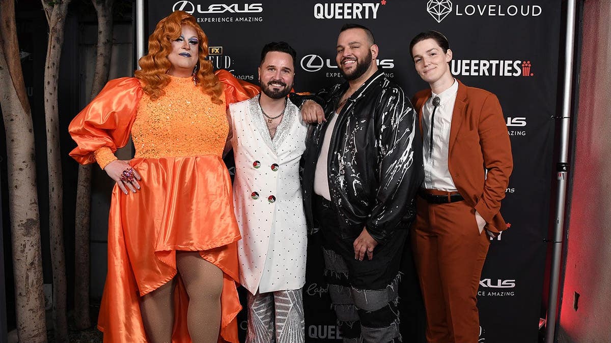 Azariah Southworth, Flamy Grant, Daniel Franzese and Grace Baldridge pose together at The Queerties 2024.