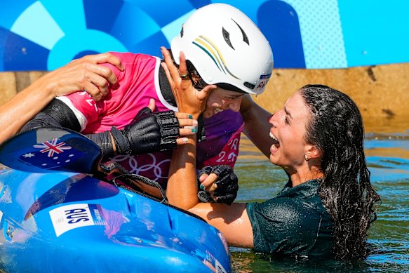 Jess Fox shares the joy after Noémie wins a gold medal in the kayak cross at the Paris Games.