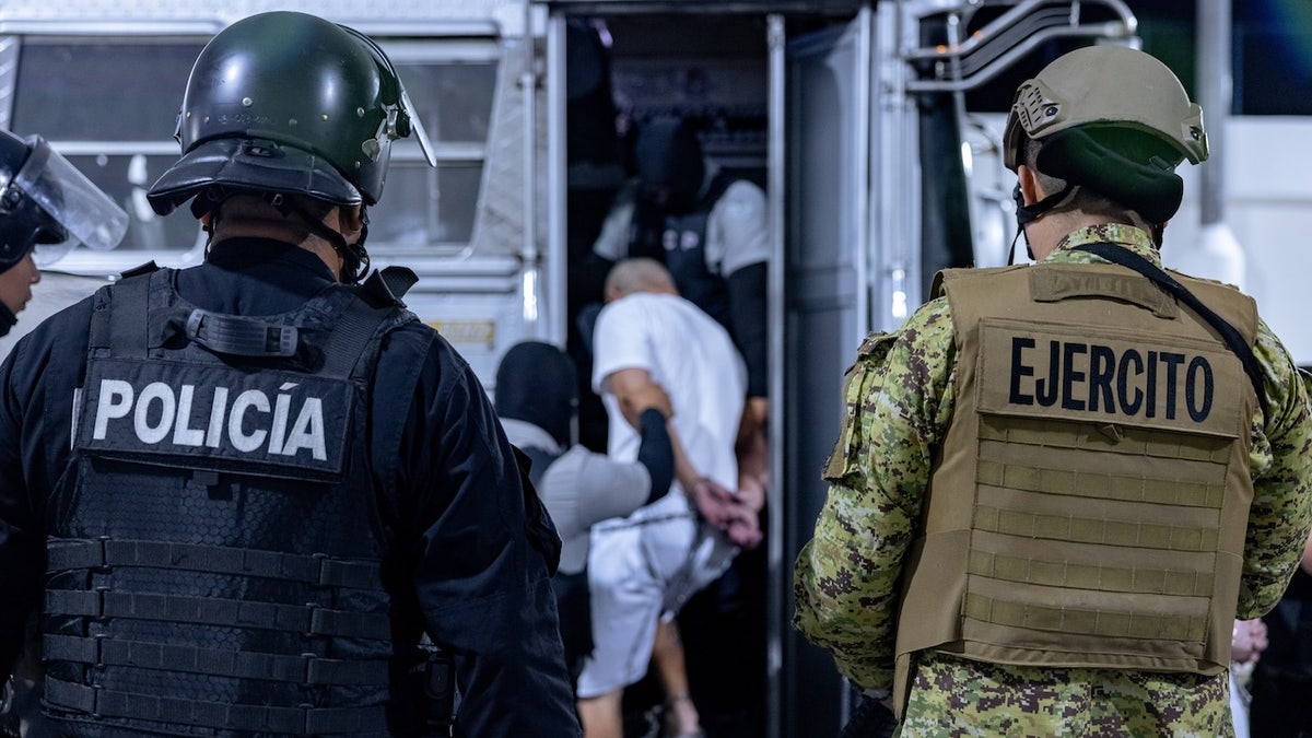17 members of Venezuela's Tren de Aragua gang and members of the MS-13 gang, who were deported to El Salvador by the US in San Salvador, El Salvador on March 31, 2025. El Salvador's President Nayib Bukele confirmed they will be sent to the country's infamous mega-prison at CECOP facility prison. San Salvador forces took heavy security measures. (Photo by El Salvador Press Presidency Office/Anadolu via Getty Images)