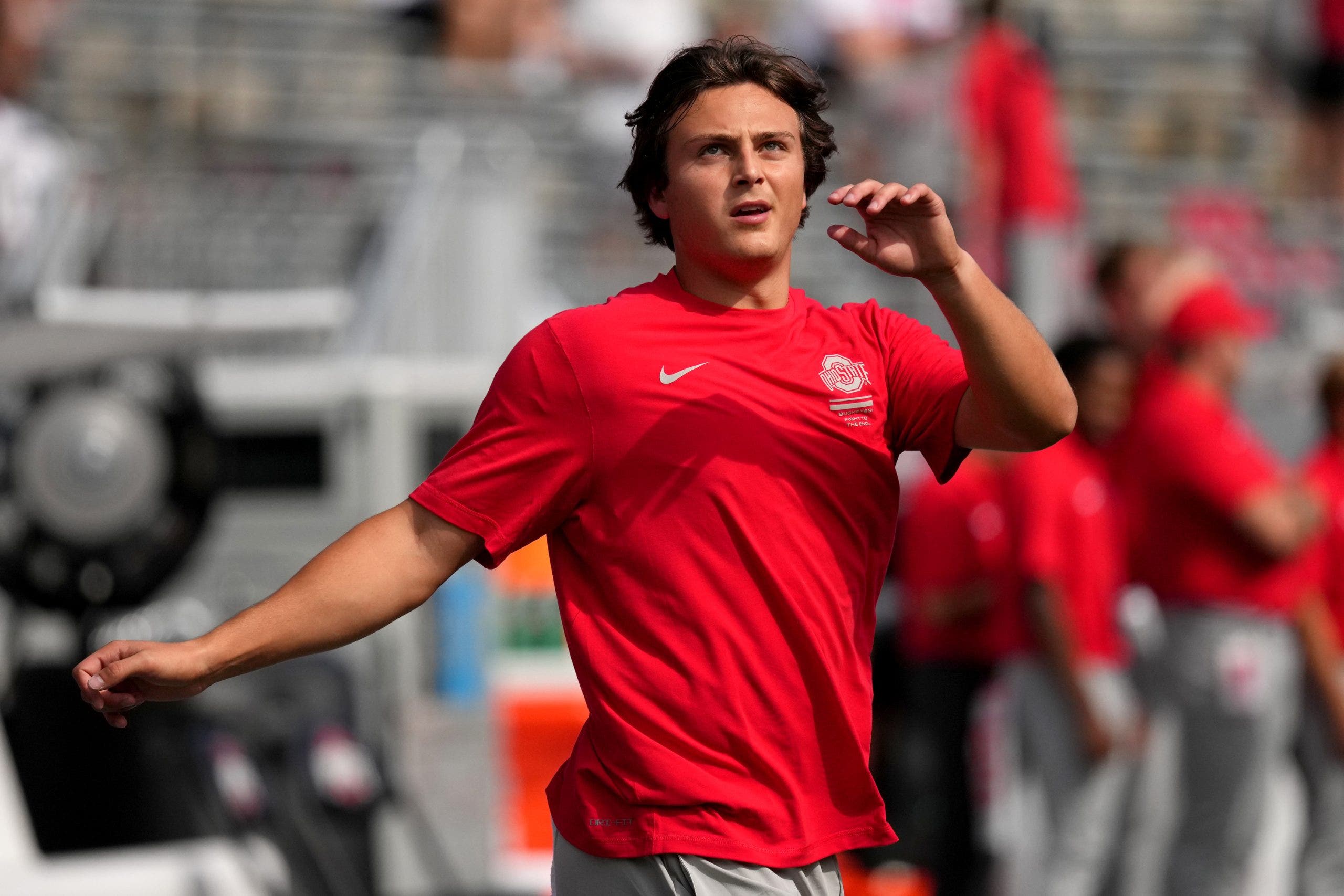 Julian Sayin warms up before Ohio State's Week 1 game against Ball State. (Photo by Jason Mowry/Icon Sportswire via Getty Images)