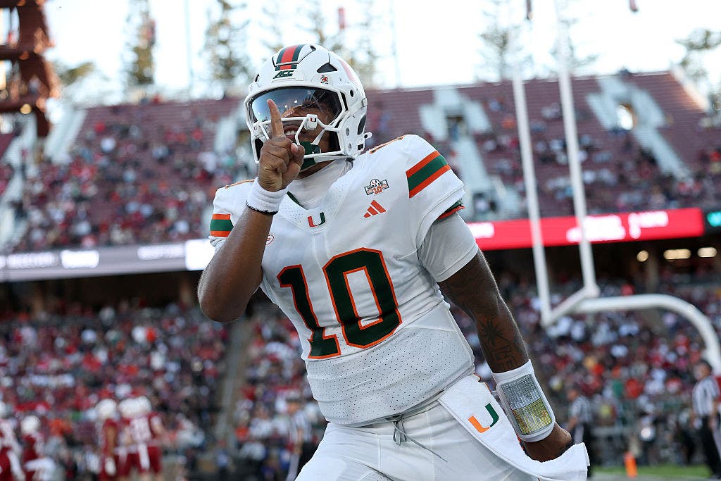 Miami QB Darian Mensah has thrown more touchdown passes (14) than interceptions (12) through four games. (Photo by Ezra Shaw/Getty Images)