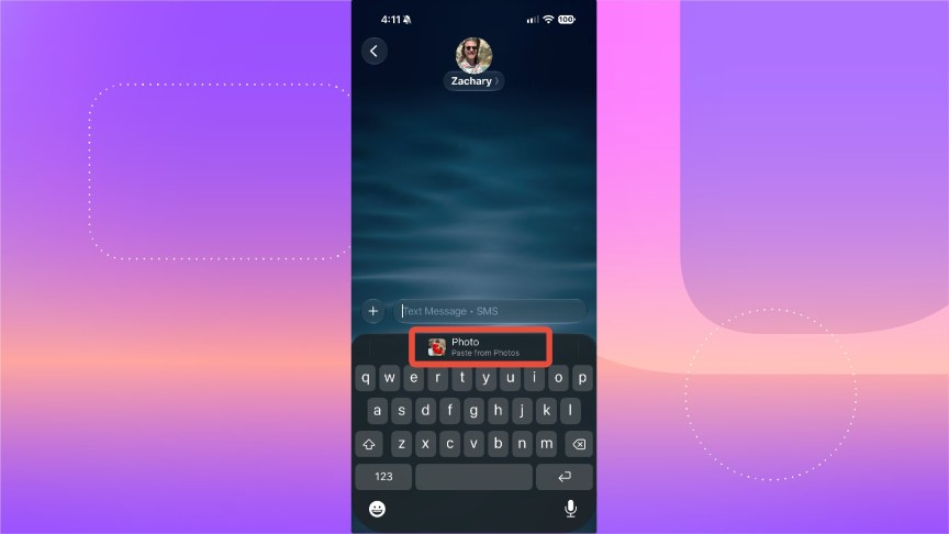 A message in Messages with an option to paste a photo into a text field highlighted.