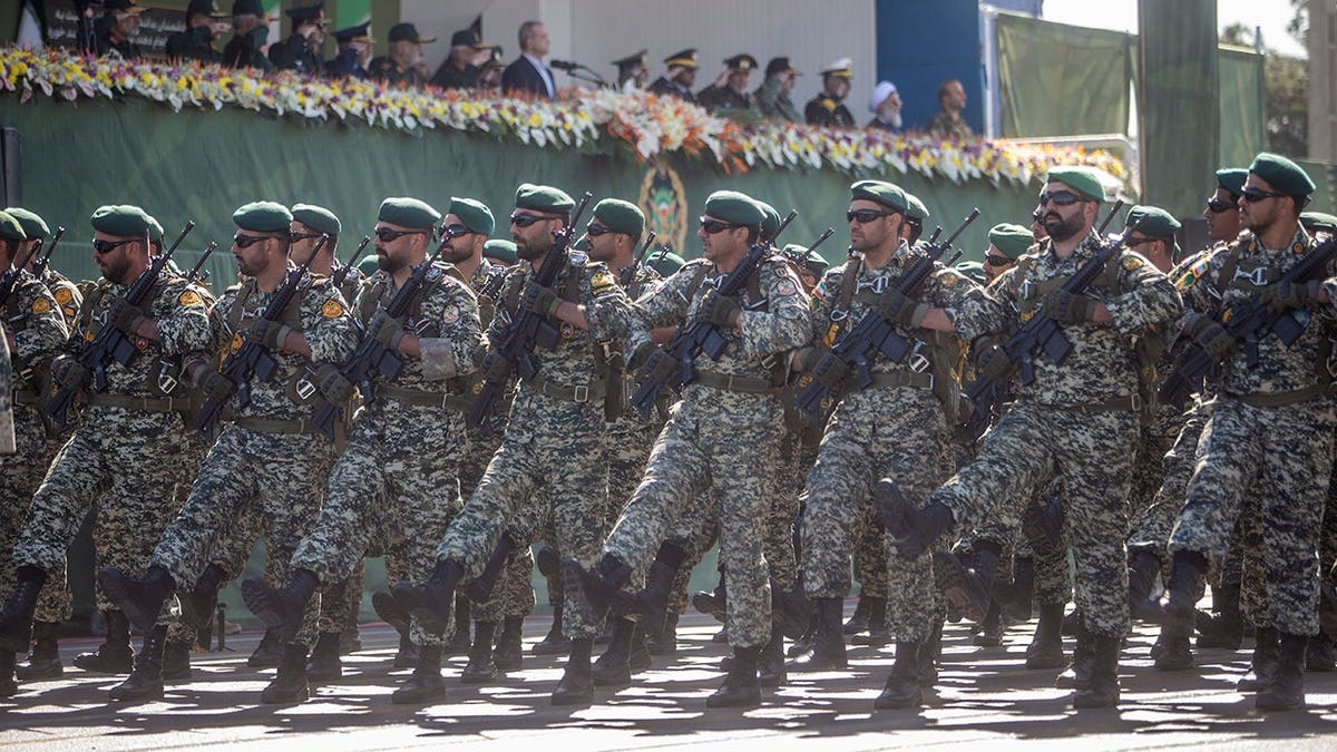 Iranian soldiers parade during National Army Day in Tehran.